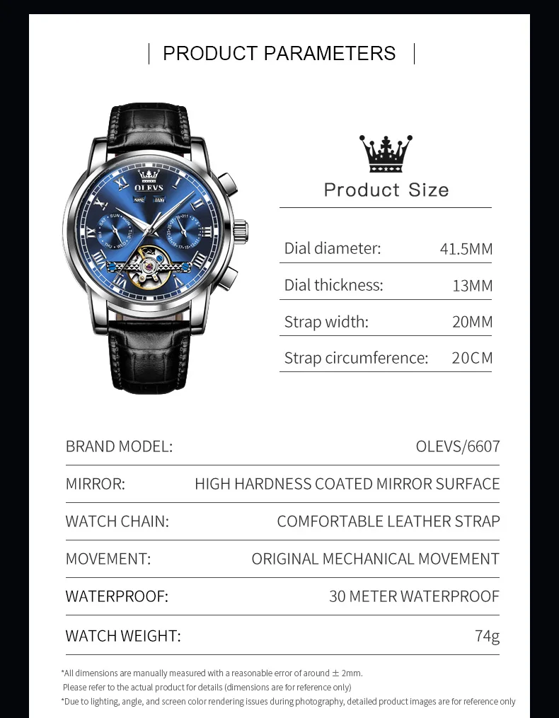OLEVS 6607 Men's Watches Original Top Brand Classic Date Display Leather Strap Casual High Quality Stainless steel Wristwatches