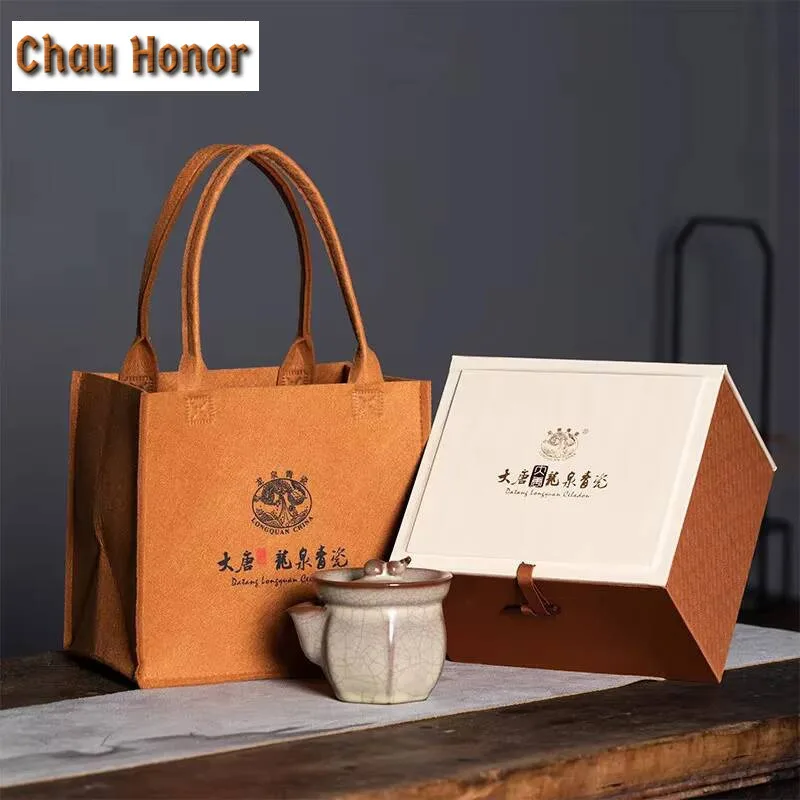 240ml Longquan Celadon Hand Grasping Teapot Inheritance Ge Kiln Porcelain Pot High Grade Brewing Tea Kettle Kung Fu Teaset Gifts