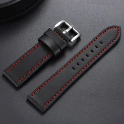 Vintage Stitching Genuine Leather Watchband - Universal Sport Strap - 22mm (Black Red)