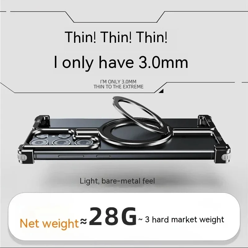 For Samsung Galaxy S24 S23 Ultra Case Luxury Magnetic Magsafe Rimless Metal Titanium Stand Shell Shockproof Protection Cover