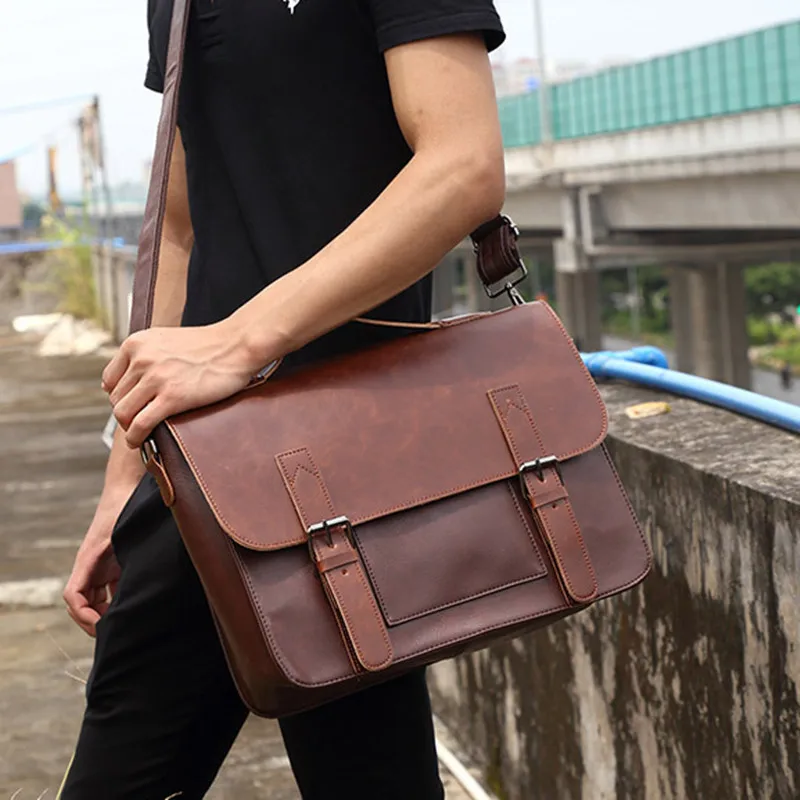 New PU Leather Men's Briefcase With Zipper Business Handbag Horizontal Male  Laptop Bag Vintage Shoulder Messenger Bag - AliExpress