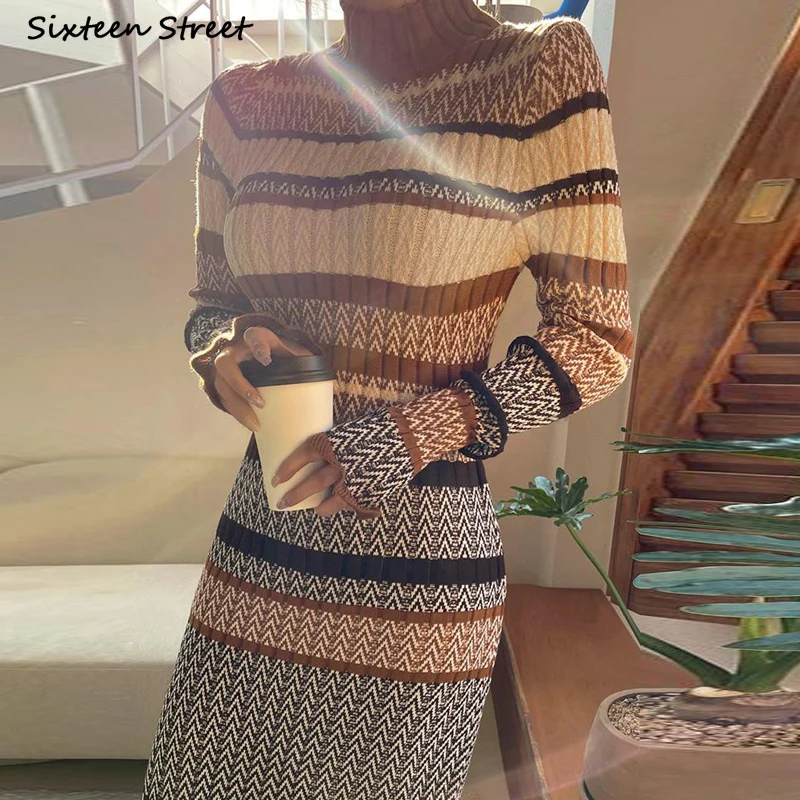 

Thicken Turtleneck Knit Dress Women 2023 Winter Fall Striped Elegant Sheath Sweater Dress Bodycon Autumn Korean Y2k Knitwear