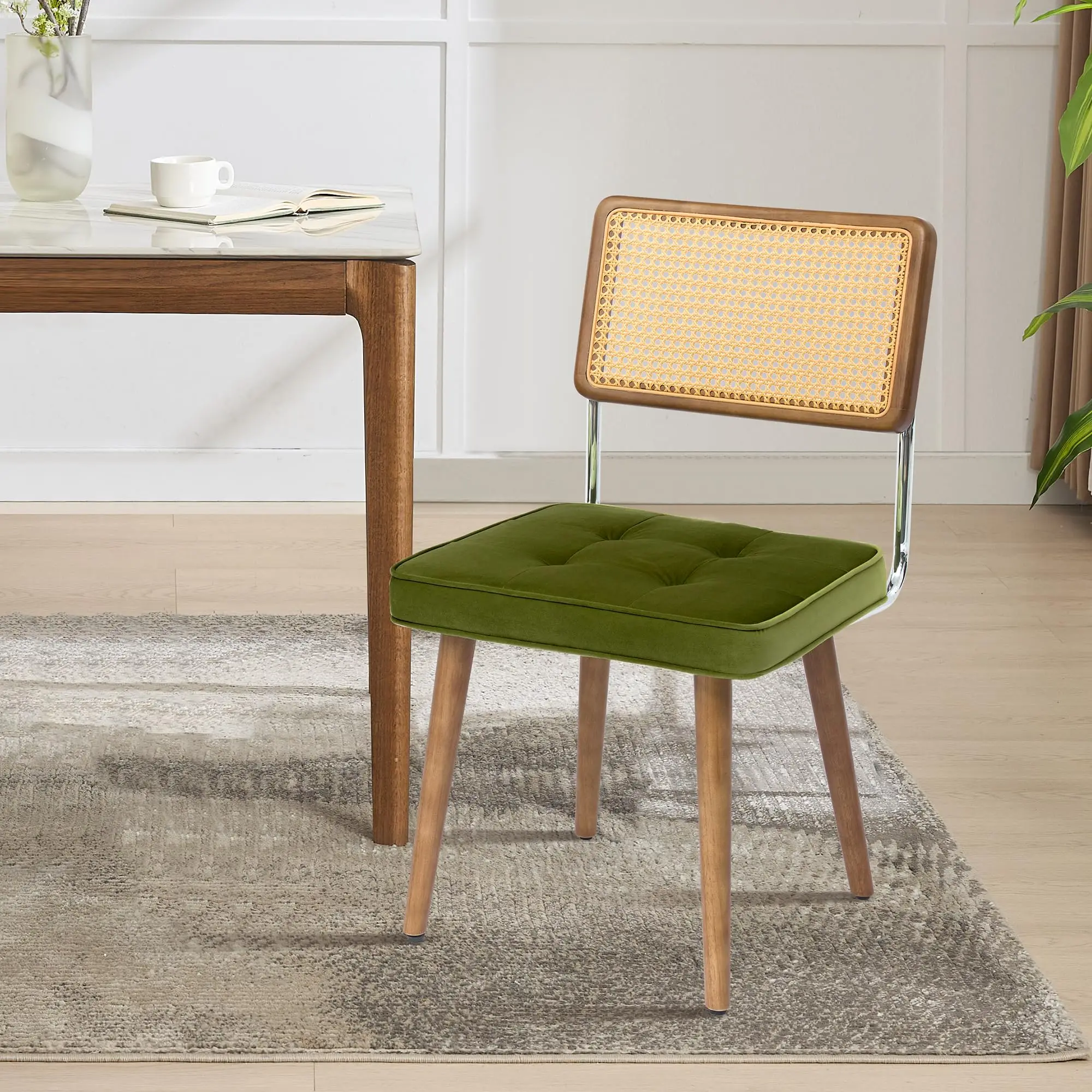 1PCS Rattan Back Dining Chair Upholstered Kitchen Chairs Vintage Chairs for Dining Room Restaurant