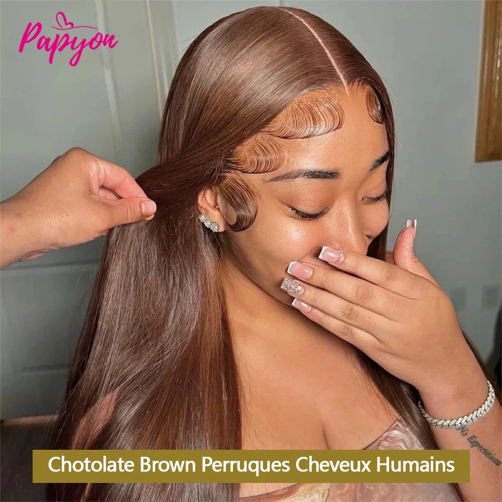 #4 Chocolate Brown Perruques Cheveux Humains Lisse 28 30 Pouces 13x6 HD Perruque Lace Frontal Transparente Perruque Brésilienne Cheveux Humain 100% Raw Hair Wig Cheveux Naturels Humains Femme
