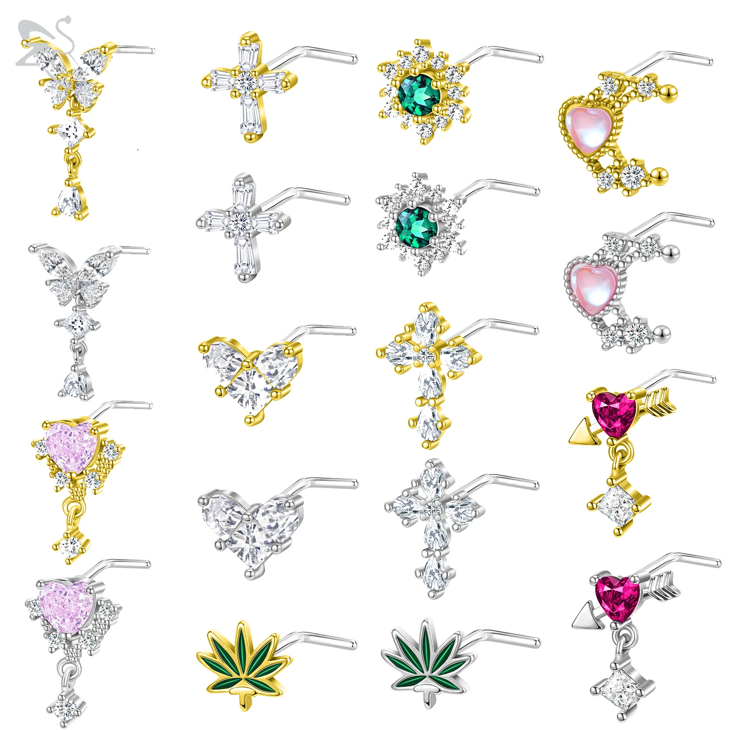 

ZS 2Pcs/lot Spider Butterfly Nostril Piercing For Women Girl Crystal Stainless Steel Nose Stud L Shape Nose Piercing Jewelry 20G