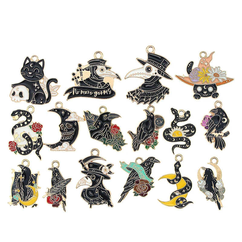 

10pcs Gothic Black Crow Moon Enamel Skeleton Charms for Jewelry Making Pendant Necklaces Earring Keychain DIY Alloy Accessories