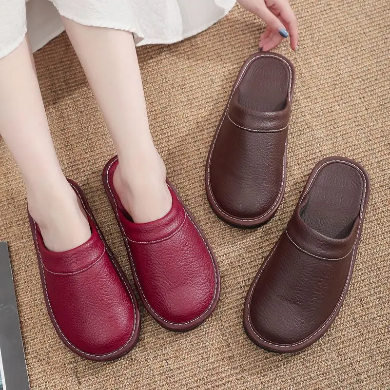 Unisex Spring 2024 Waterproof Leather Slippers - Non-Slip, Anti-Odor, Soft Sole Indoor Slides