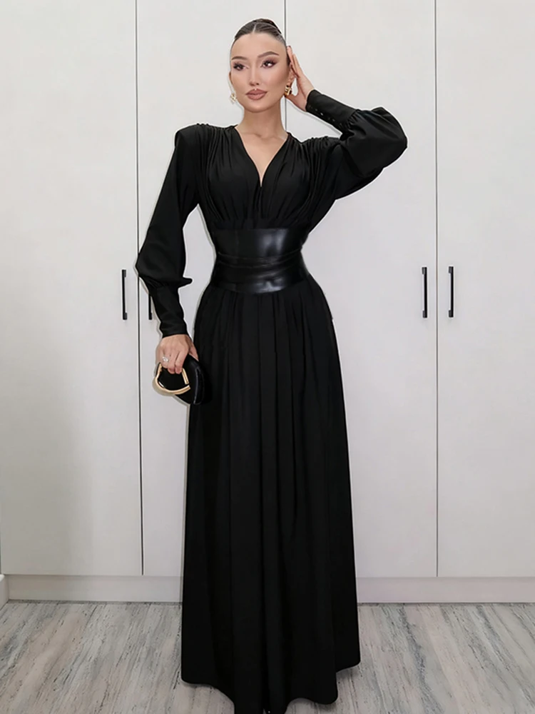 Nibber Lantern Sleeve Body-Shaping Dress Women Simple V-Neck Shoulder Padded Ruched Patchwork Classic Stretch Elegant Vestidos