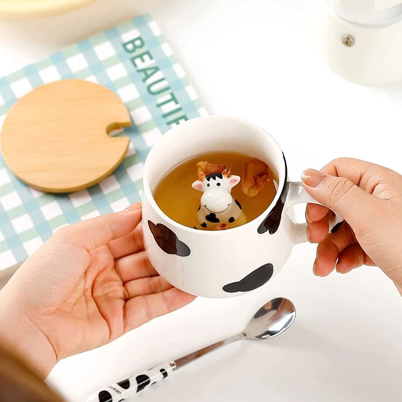 Cute Ceramic Coffee Mug Tea Cup Hidden 3D Cow With Spoon Lid Stuff Funny  Cool Christmas