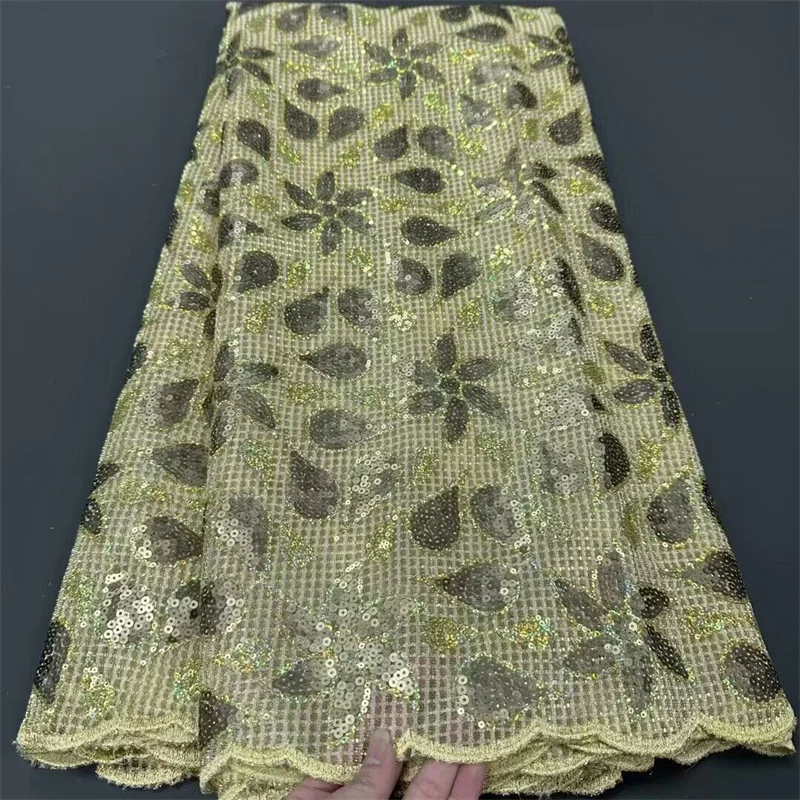 

Африканская нигерийская кружевная ткань из тюля, Высококачественная вышивка с блестками, швейная гипюровая сетка, платья для выпускного вечера, золото, 5 ярдов