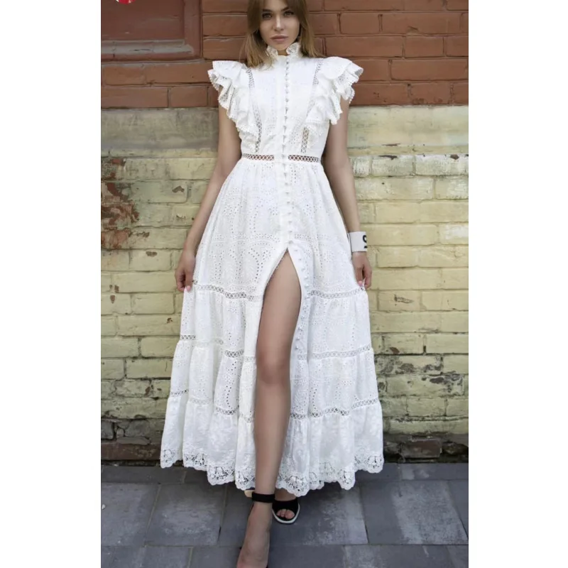 

Summer Women's Dress 2023 New Heavy Industry Hollow Stitching Flying Sleeve Single Breasted Slit Long Dress Free Shipping