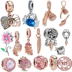 925 Sterling Silver Rose Gold Series Roses Charms Leaf Beads Fit Original Pandora Bracelets Bangle For Making Women DIY Jewelry