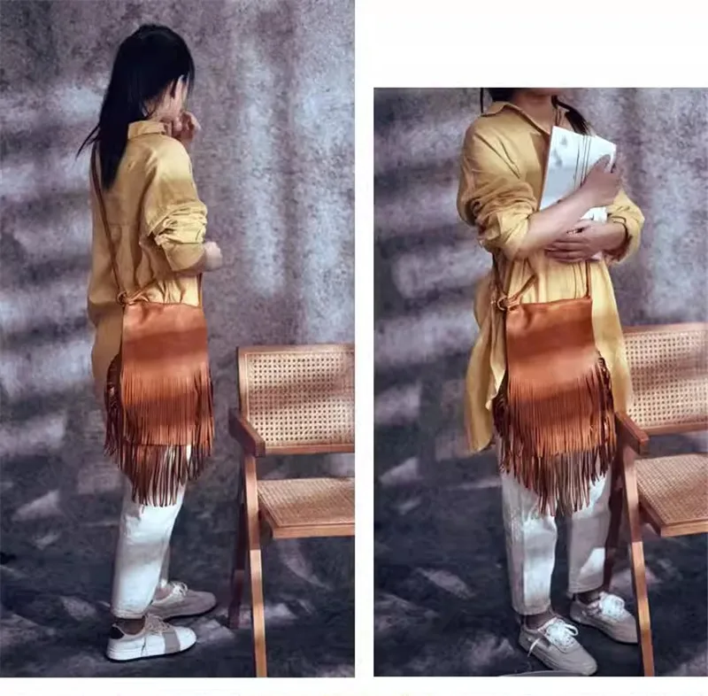Fashion luxury designer top cowhide ladies tassel bag outdoor work shopping brown genuine leather girl shoulder crossbody bag