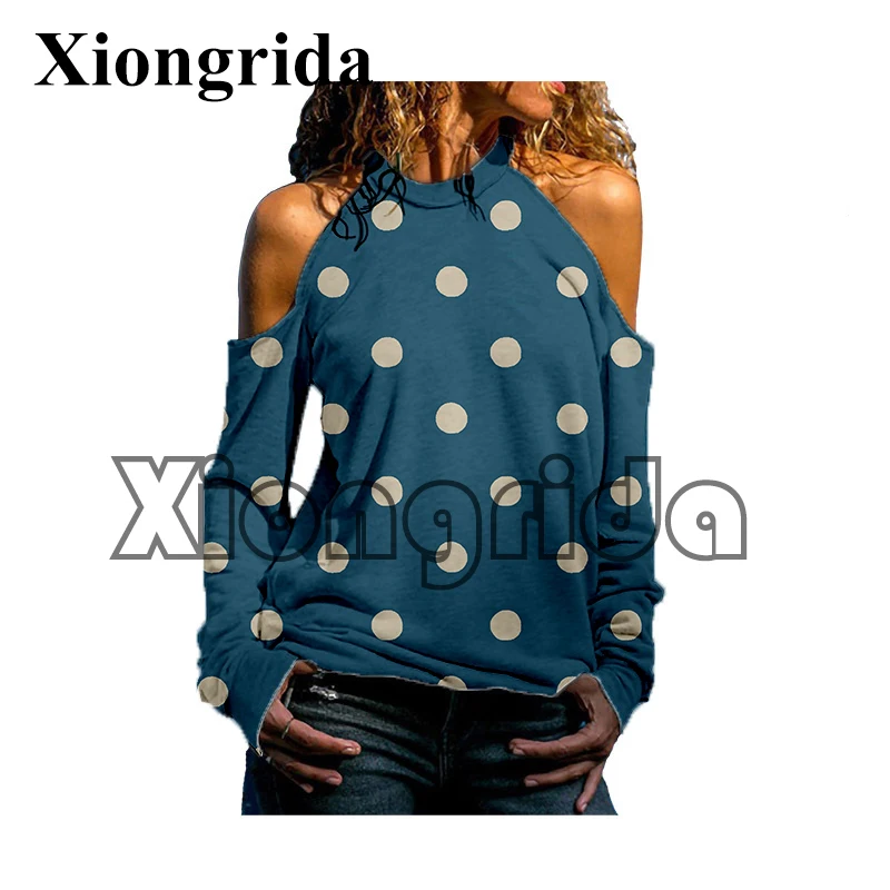 

Casual Polka Dot Print Off Shoulder Top Women Sexy Colorful Dots Print Crew T-shirts Summer Fashion Hollow Out Long Sleeve Tees