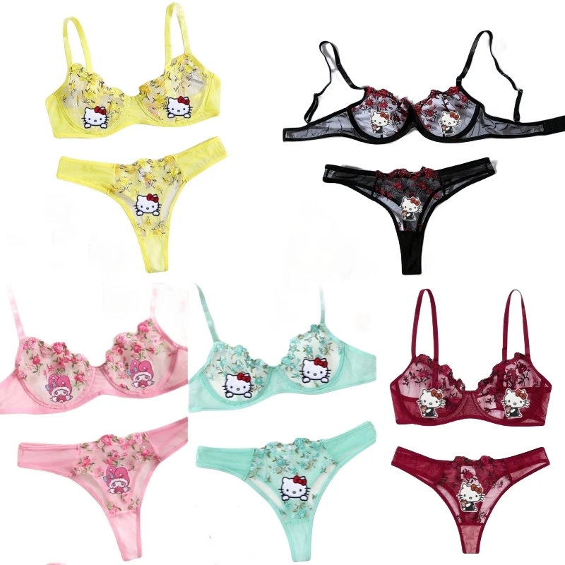 

2023 Anime Sexy Lace Suit Kawaii Hello Kitty Kuromi Cinnamoroll Melody Pompompurin Women Bra Underwear Performance Clothing Gift