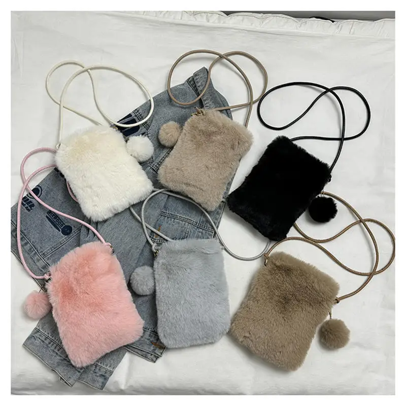 Plush Phone Bag Autumn Winter Solid Color Elegant Women's Girl Fur Hanging Rope Bag Crossbody Shoulder Bag Bolsos Para Mujer