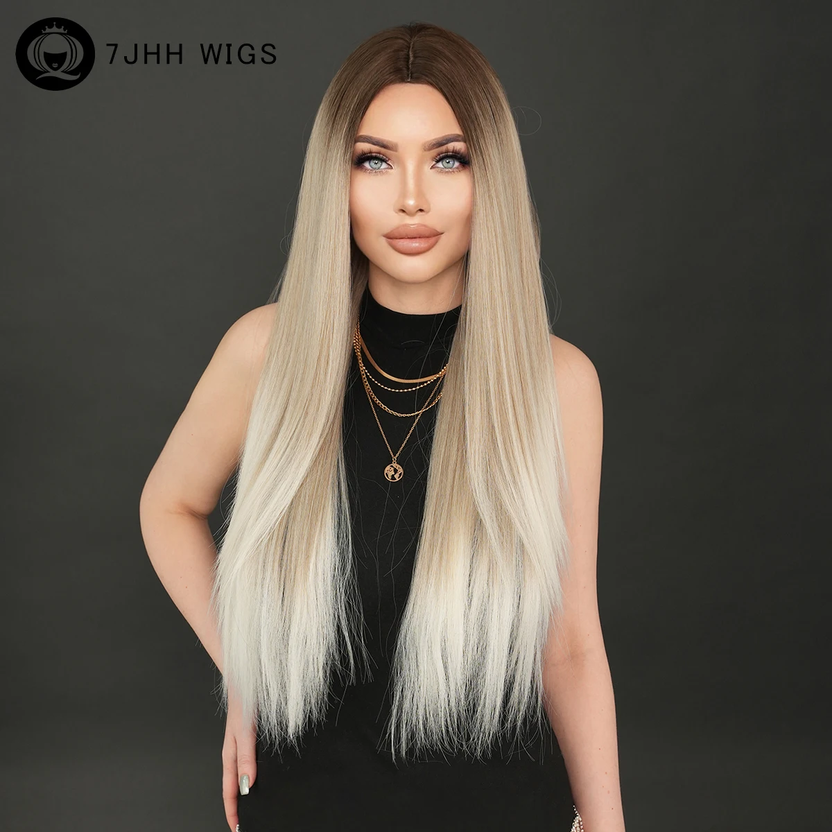 7JHH WIGS Long Straight Blonde Ombre Champagne for Women Daily Party High Density Synthetic Layered Hair Wigs with Dark Roots