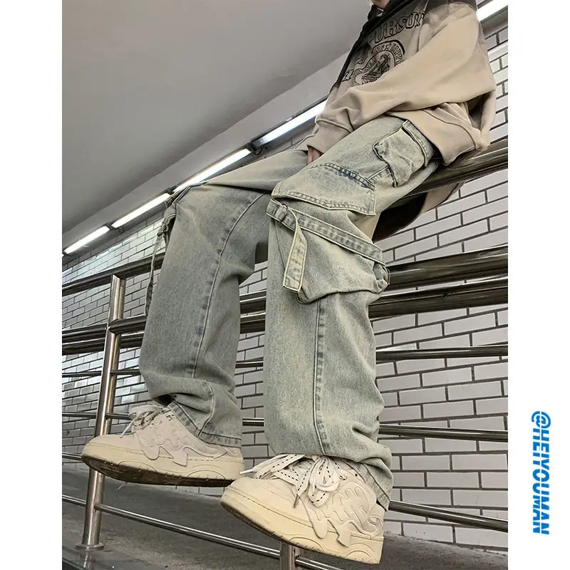 Autumn And Winter New Japanese Overalls Jeans Men And Women American Retro High Street Micro-la Washed Wide-leg Straight Pants 4