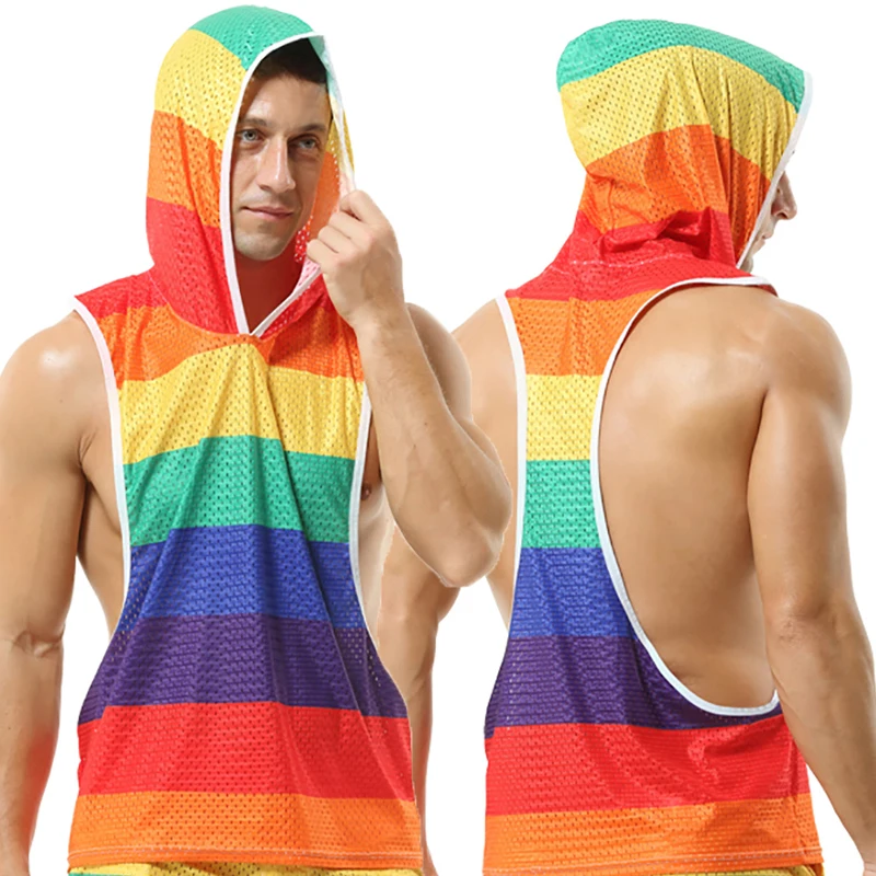 

Men Mesh Breathable Hooded Tank Tops Sweatshirts Causal Undershirts Rainbow Striped Sleeveless Hoodies Shirts Vest Loose Outfits