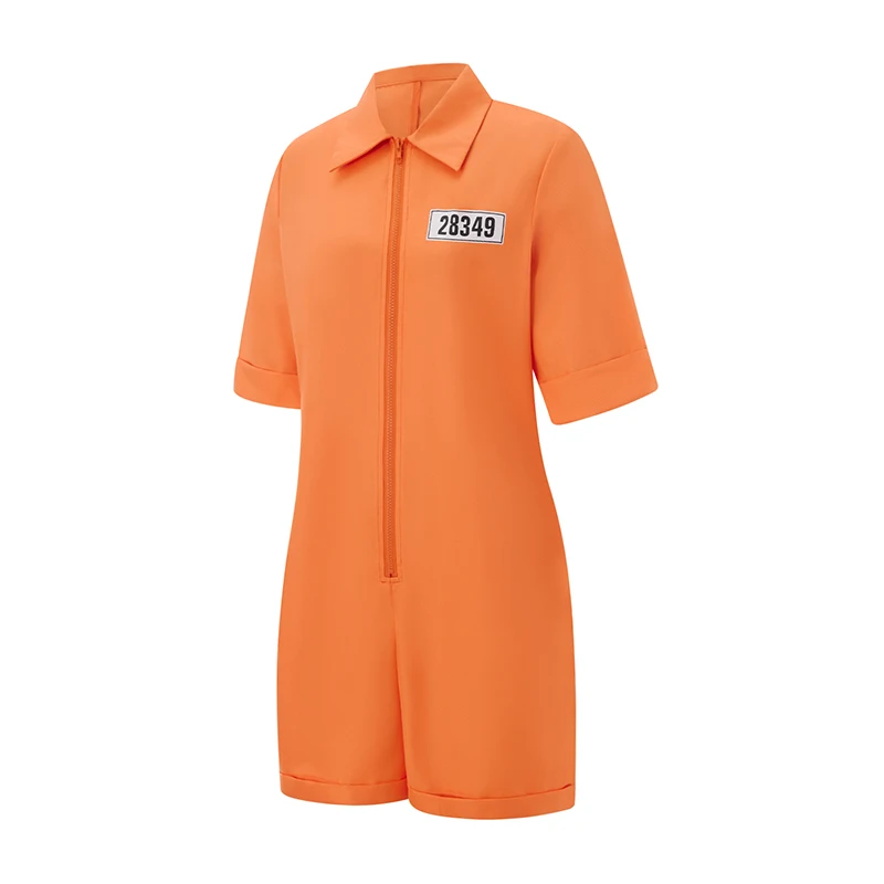 Women s Halloween Police Officer Costume Badge Patch Short Sleeve Lapel Front Zipper Shorts Jumpsuit with Handcuffs