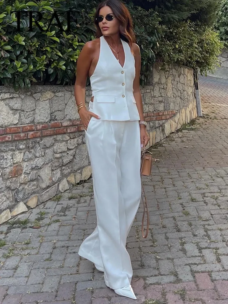MUJER Pants Sets For Women 2 Pieces Off Shoulder Sleeveless Vest Woman Outfit Fashion Wide Leg Pants Elegant Casual Women's Set - 3