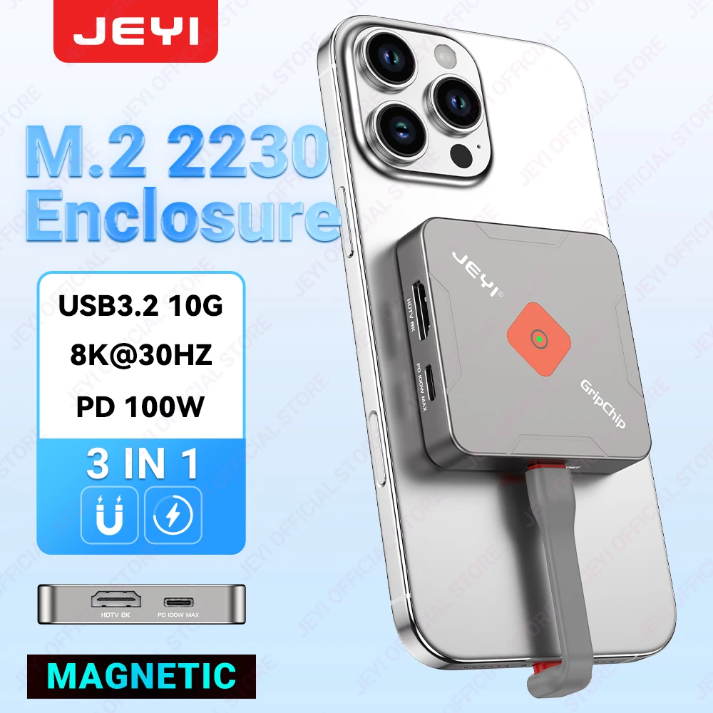SSD Enclosure JEYI Magnetic M.2 2230 SSD Enclosure with Magsafe for iPhone 16/15 ProRes 8K/4K HD Screen Share USB 10Gbps 100W PD Charging