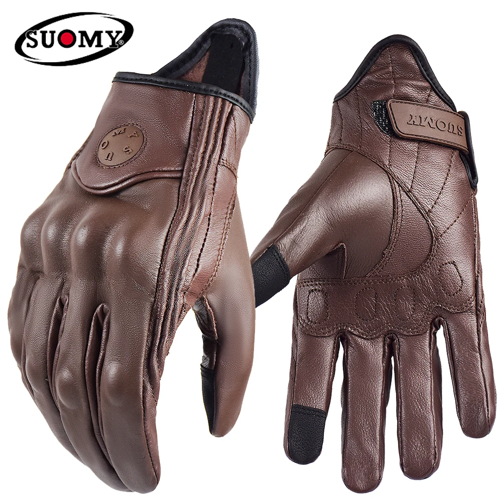 Vintage Gray Waterproof Leather Motorcycle Gloves - Full Finger Protection