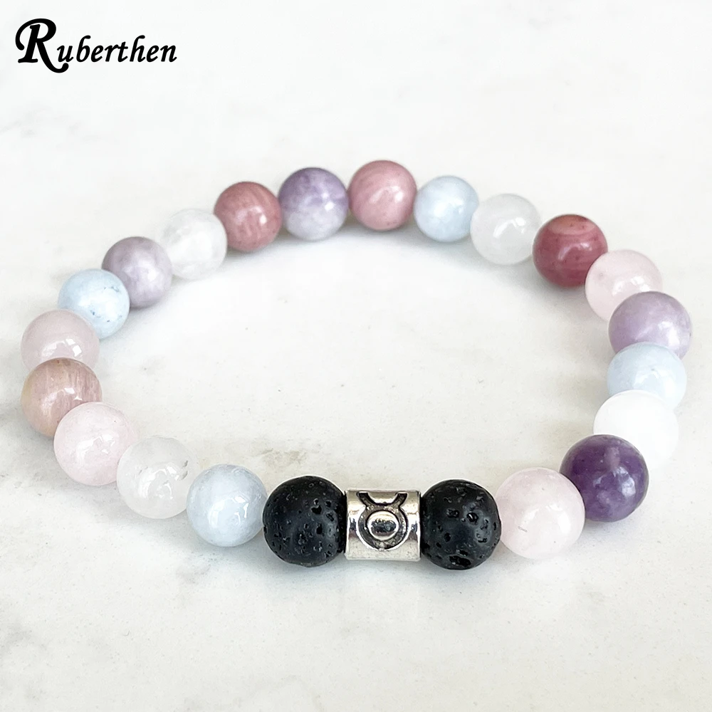 

Ruberthen модный Телец Zodia браслет 8 мм Аквамарин розовый кварц Родонит лепидолит браслет Мала натуральный драгоценный камень ювелирные изделия