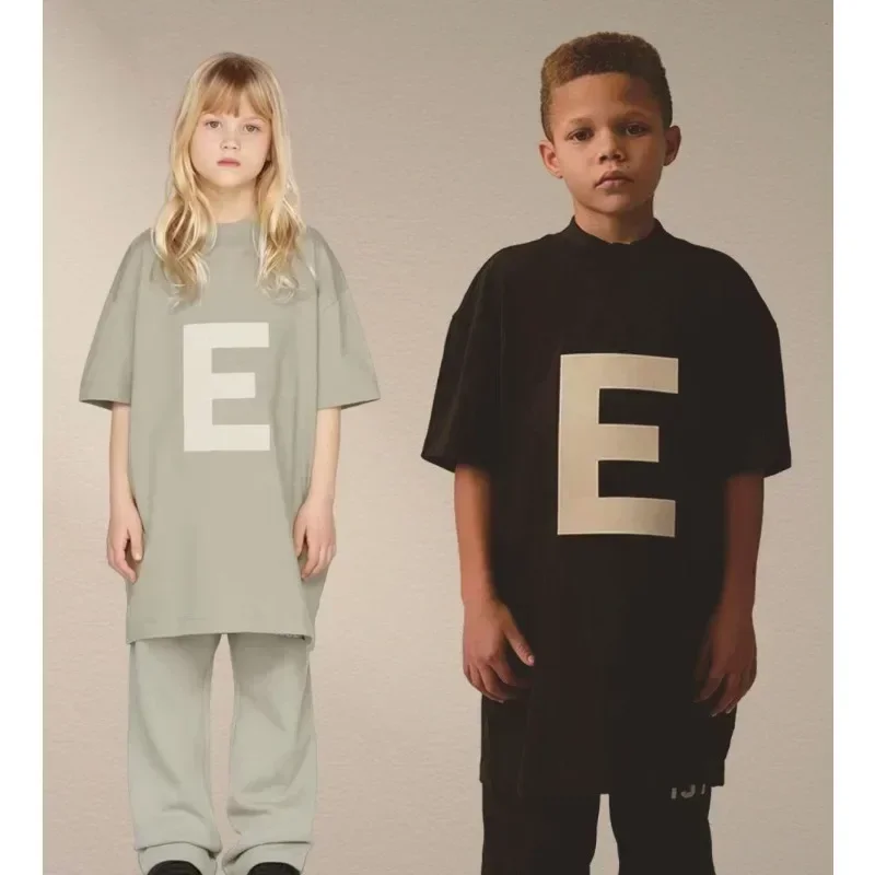 

Необходимая Детская Хлопковая футболка с надписью E, модный бренд, модный Свободный Топ с коротким рукавом для мальчиков и девочек