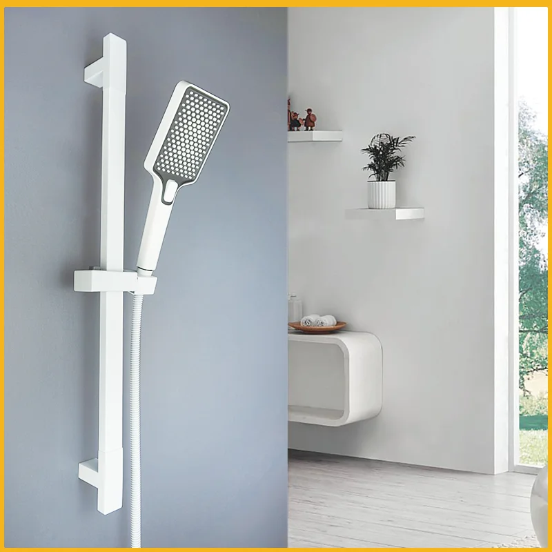 White Shower Rod Wall Mounted Shower Rod Adjustable Slide Set 2 Function Minimalist Style shower set