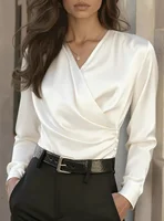 Women's Elegant Satin Wrap Blouse - Long Sleeve V-Neck Button Detail Top for Office & Casual Wear - Image 4