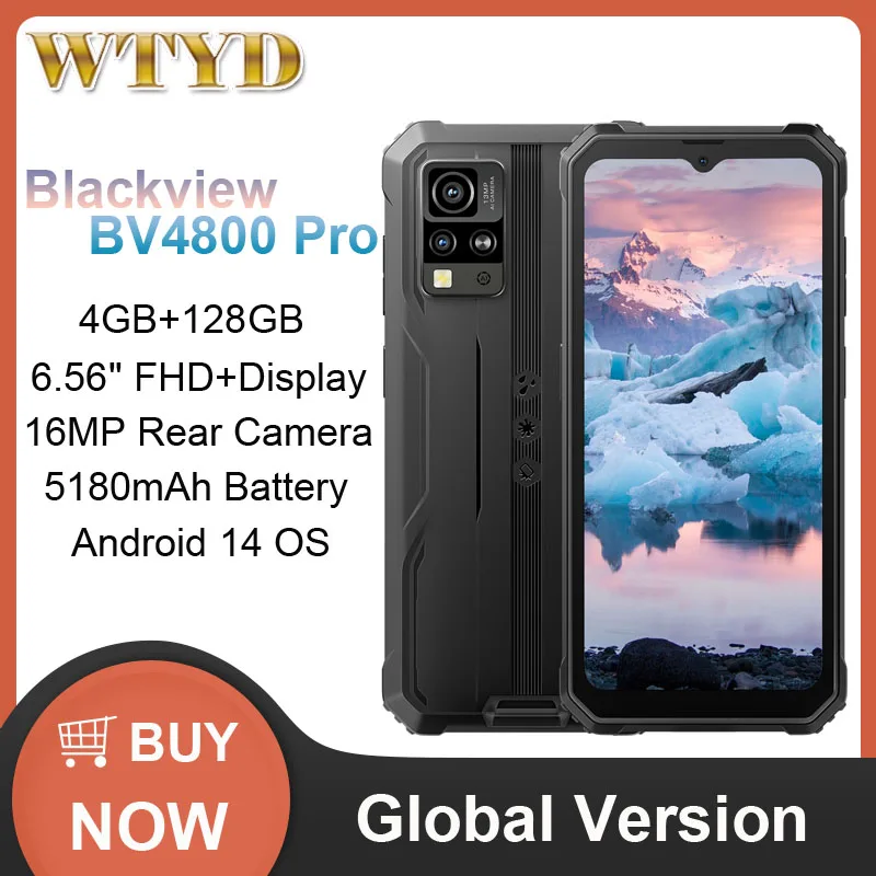 Blackview BV4800 Pro Rugged Phone 4GB+128GB 16MP Camera 5180mAh IP68/IP69K 6.56'' Android 14 Unisoc T606 4G NFC Smartphone