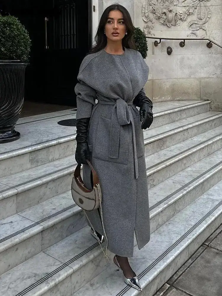 

Women Elegant Woolen Blends Coat with Belt 2023 Winter Female O Neck Long Sleeve Pockets Warm Overcoat Lady Commuter Outerwear