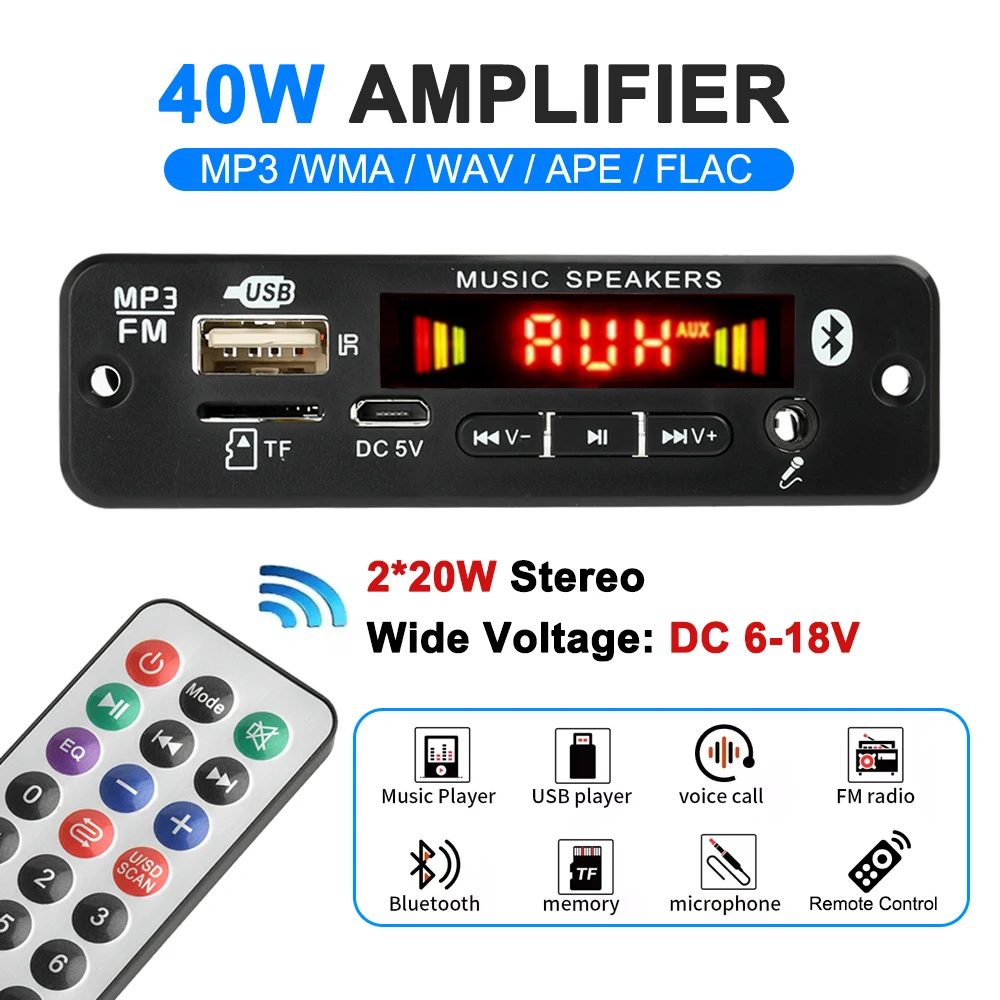 DC 6-18V Mp3 Decoder Board with 2*20W Amplifier Bluetooth 5.0 Car FM Radio Module TF USB Recording Call Lossless Motherboard