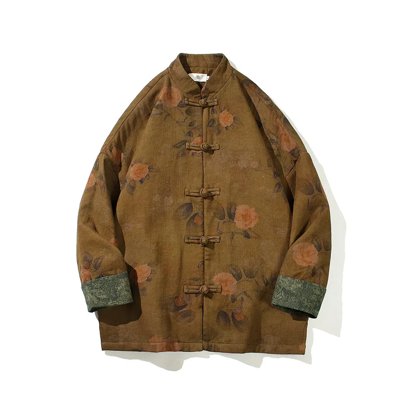 Men Cotton Linen Print Flower Tang Suit Tops Shirt Plus Size 5XL Chinese Traditional Retro Coat Mandarin Collar Buckle Jacket