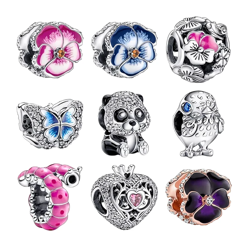 Argento 925 Charms Originali Perline Per Bracciali Donna Pansy Fiore Farfalla Panda Pulcino Caterpillar Corona Cuore Creazione Di Gioielli