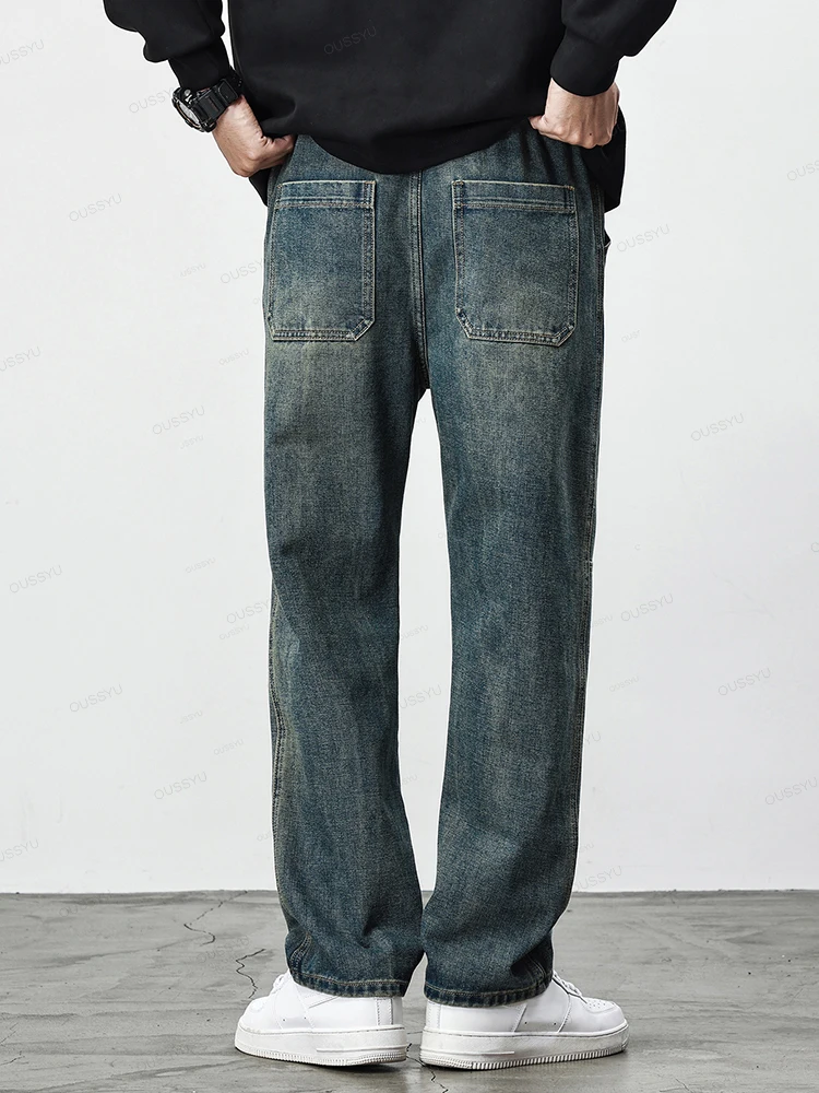 Autumn Winter Retro Blue Jeans Men Cotton Straight Pants Elastic Waist Thick Casual Trousers Male Large Size 4XL Brand Clothing 3
