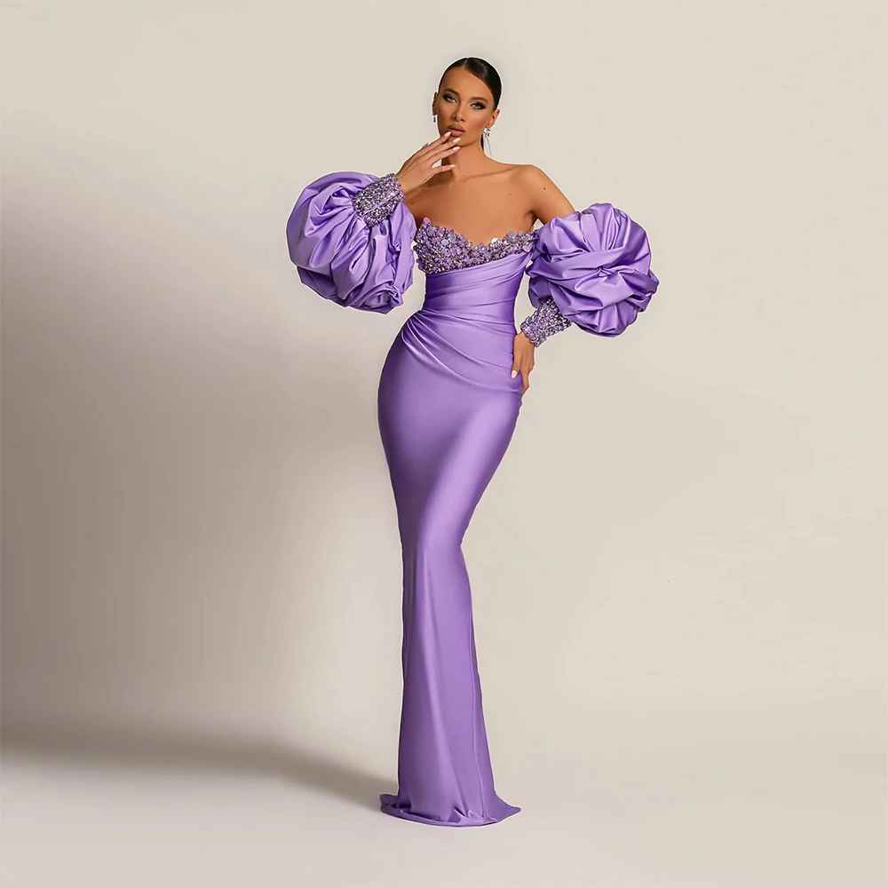 

Bubble Sleeves Elegant Women's Evening Dresses Satin Pleated Sexy V-Neck Off Shoulder Sparkling Bead String Princess Formal Beac
