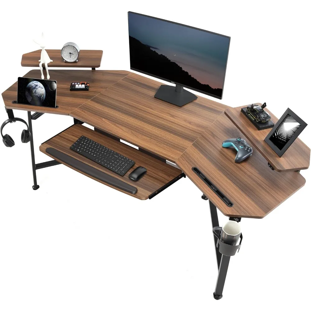 72" Gaming Desk, Wing-Shaped Music Studio Desk, Large Computer Table LED Convertible Monitor Stand Dual Headphone Hanger 6