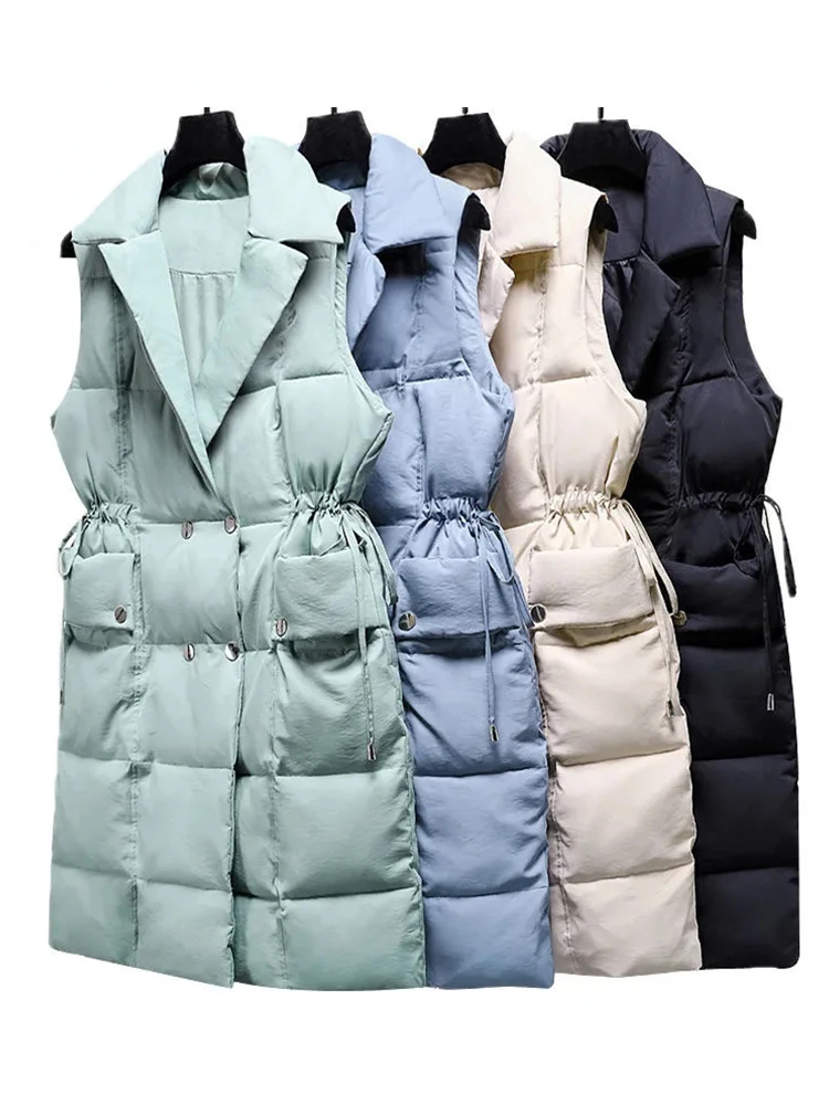 

Cotton Padded Down Vest Women Mid-Length Autumn Winter Warm Sleeveless Jacket Waistcoat Sashes Outerwear Vest Coat