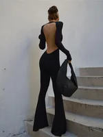 Solid Black Sexy Backless Bodycon Wide Leg Jumpsuit Women Autumn Casual Slim Long Sleeve O-Neck Playsuit Lady Streetwear - Image 4