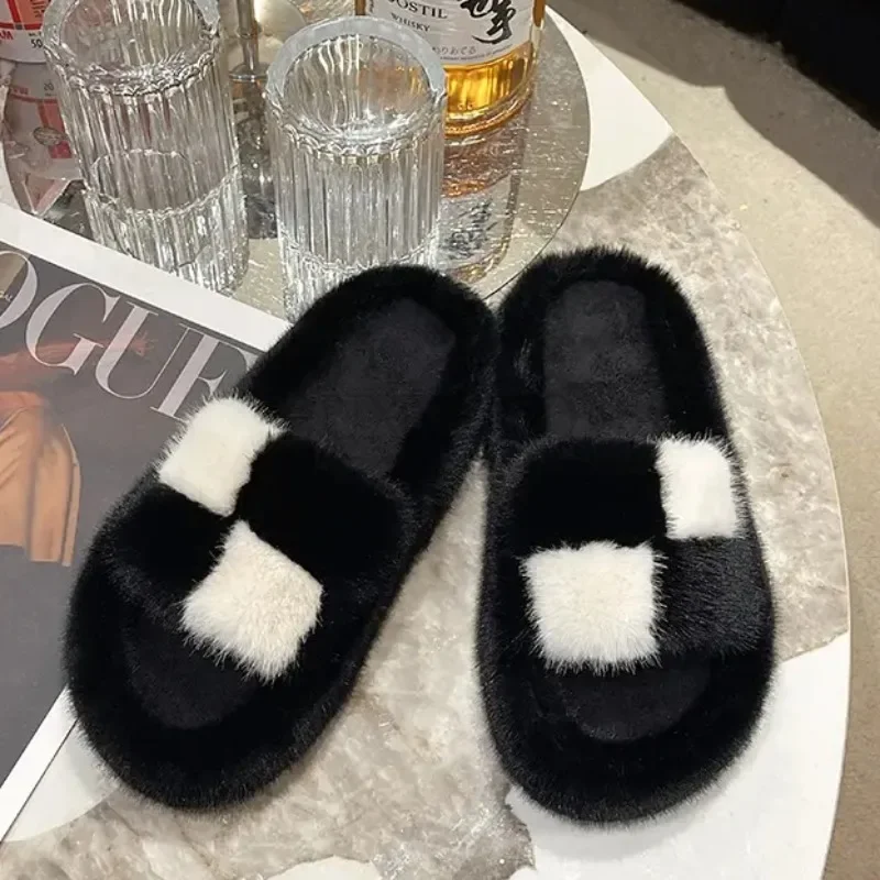 

Winter Women House Furry Slippers Fashion Faux Fur Warm Shoes Slip On Flats Female Home Slides Black Plush Indoor Ytmtloy