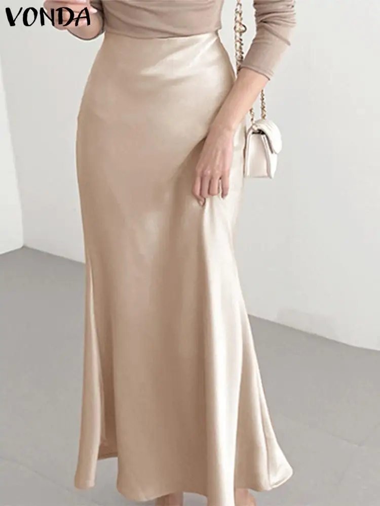 

VONDA Elegant Solid Color Women Satin Skirts High Waist Casual Maxi Bottoms 2024 Summer Pleated Loose Streetwear Long Skirts