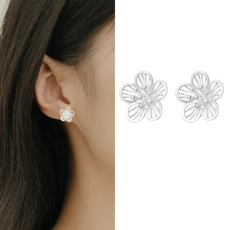 

100% 925 Sterling Silver Flower Earrings for Women Girl Simple Fashion Hollow Out Plant Design Jewelry Party Gift Dropshipping