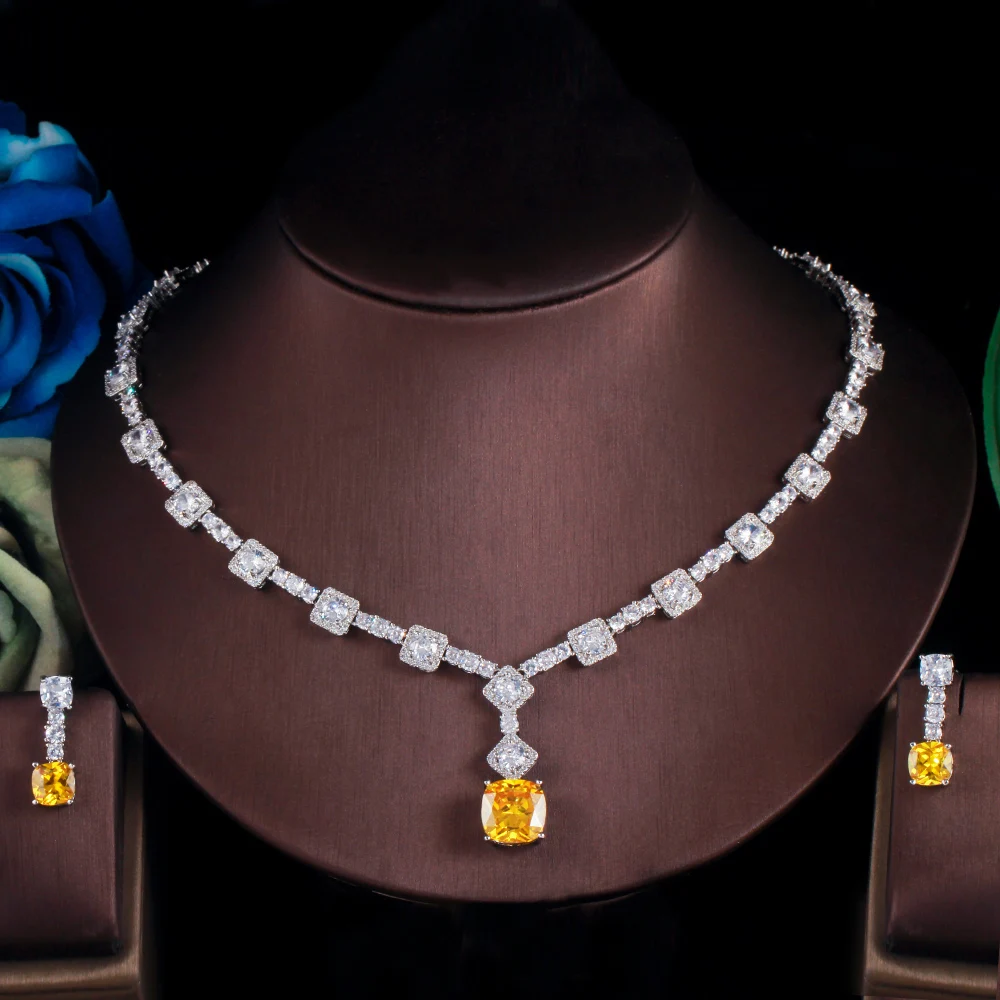 Elegant Yellow CZ Crystal Silver Color Big Square Drop Earrings Necklace Wedding Party Jewelry Sets bridal jewelry sets For Women TZ581