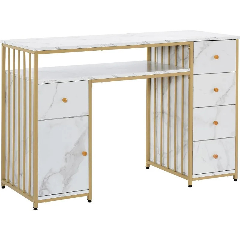 BarberPub Nail Desk with Storage Cabinet Manicure Table with 5 Drawers Makeup Storage Home Beauty Salon Spa Workstation