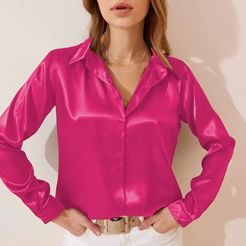 

Женская атласная блузка на пуговицах, однотонная элегантная рубашка с длинным рукавом, весна-лето 2024