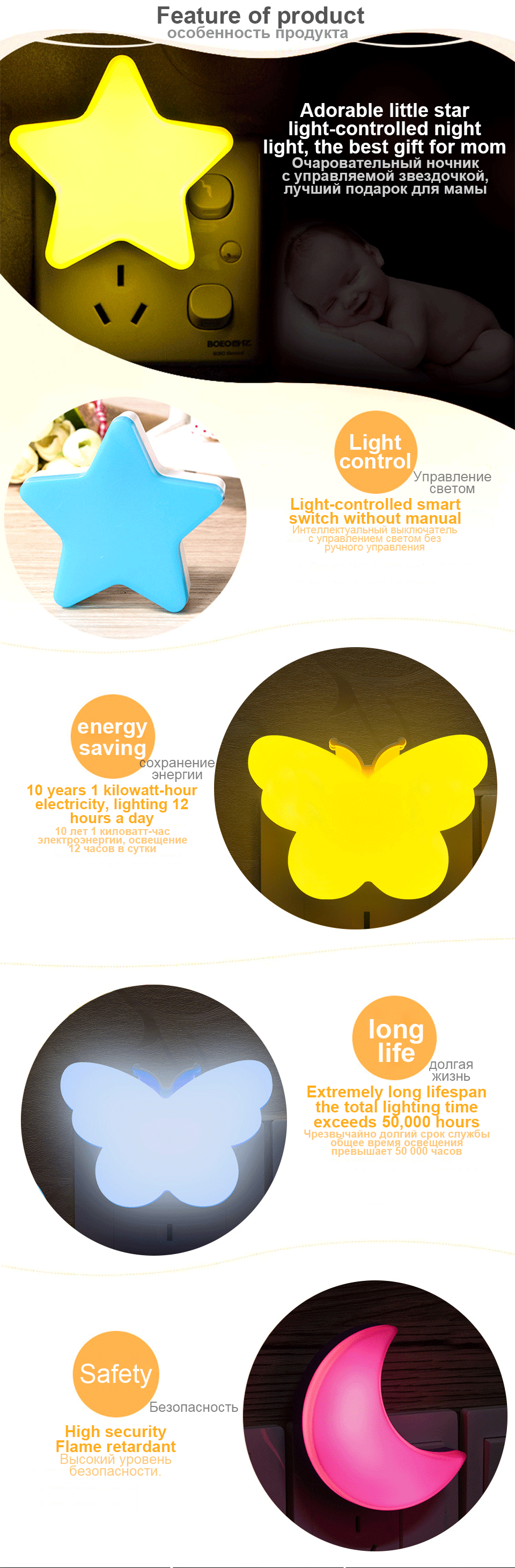 Description Picture 3 of itemSanjiCook New LED Night Light Stars Light Control Induction Lamp Bedroom Color Bedside Lights Mini Energy Saving Childrens Light