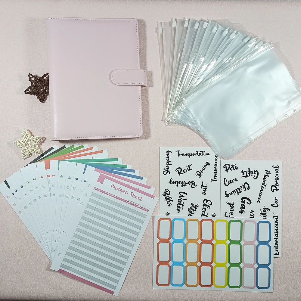 A5 6/7 PU Leather Notebook Binder Budget Planner Organizer 6 Ring Binder Cover 8 Binder Pockets And 12 Pcs Expense Budget Sheets mushroom hole binder disc bound 3 inch photocard album with transparent pockets planner inserts ring binder photo album