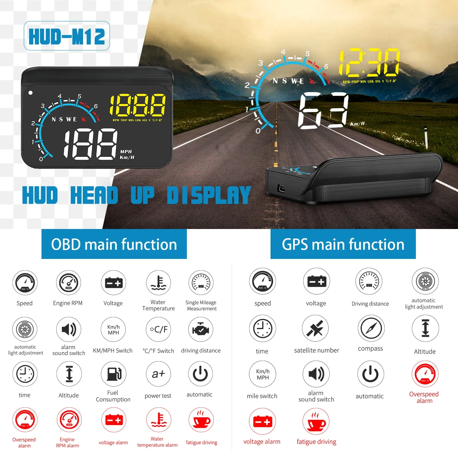 M12 HUD GPS+OBD 헤드업 디스플레이 앞유리 프로젝터 자동차 전자제품 액세서리 Obd2 속도 전압 디스플레이 과속 경보 기능 포함